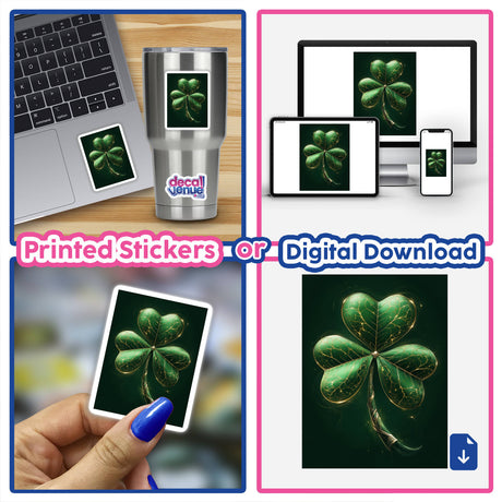 Regal Shamrock sticker or digital artwork features a green clover with gold veins and ornate stem, depicted across various devices, illustrating its versatility as a unique design piece.