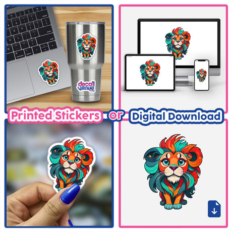 A Cute Little Lion sticker collage, featuring a cartoon lion on various items like a laptop and cup, emphasizing its versatility as both stickers and digital artwork from Decal Venue.