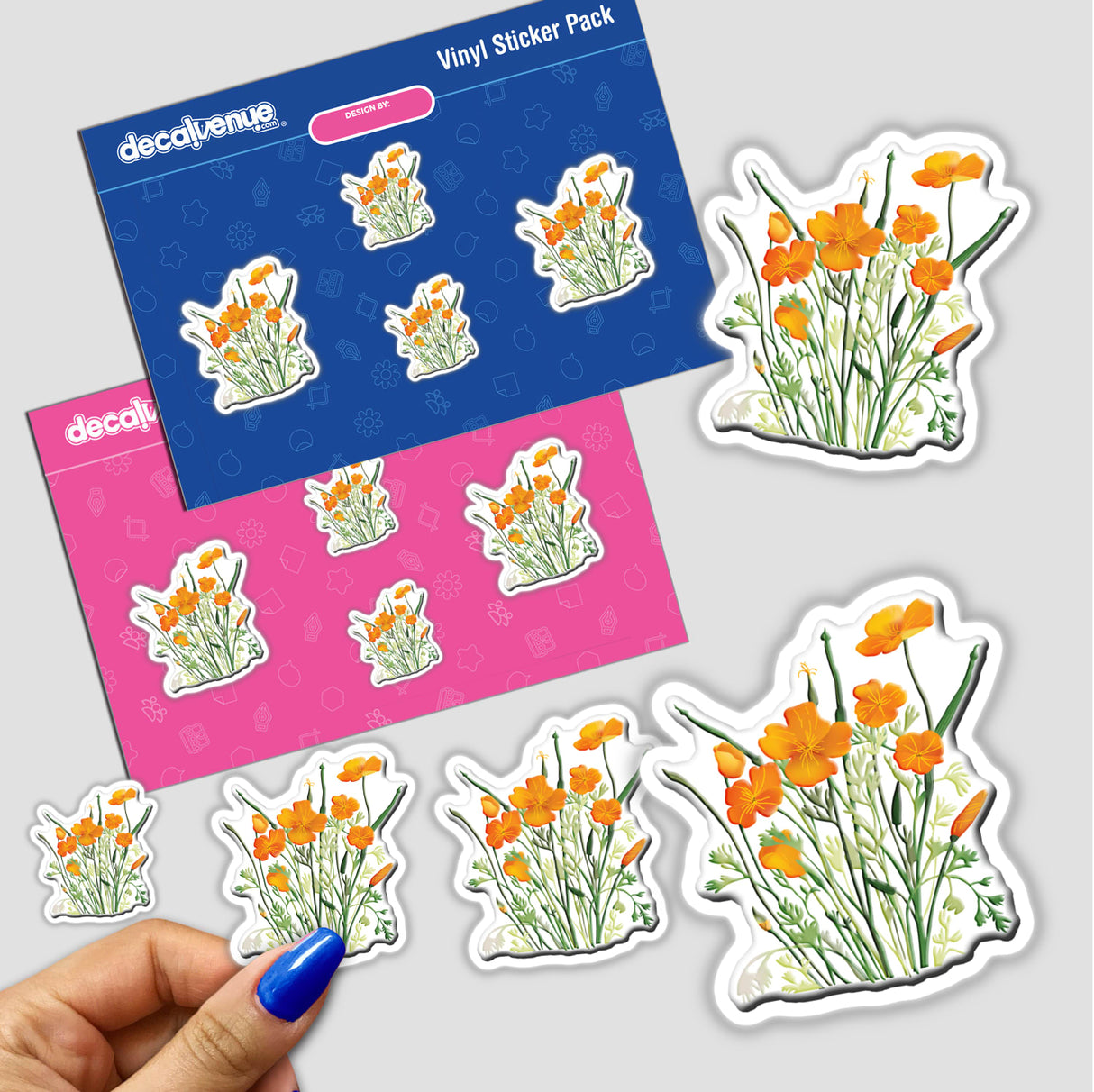 American Wild Flowers sticker pack held in hand, showcasing various floral designs. Available as stickers or digital artwork, highlighting intricate flower illustrations for creative decoration or design purposes.