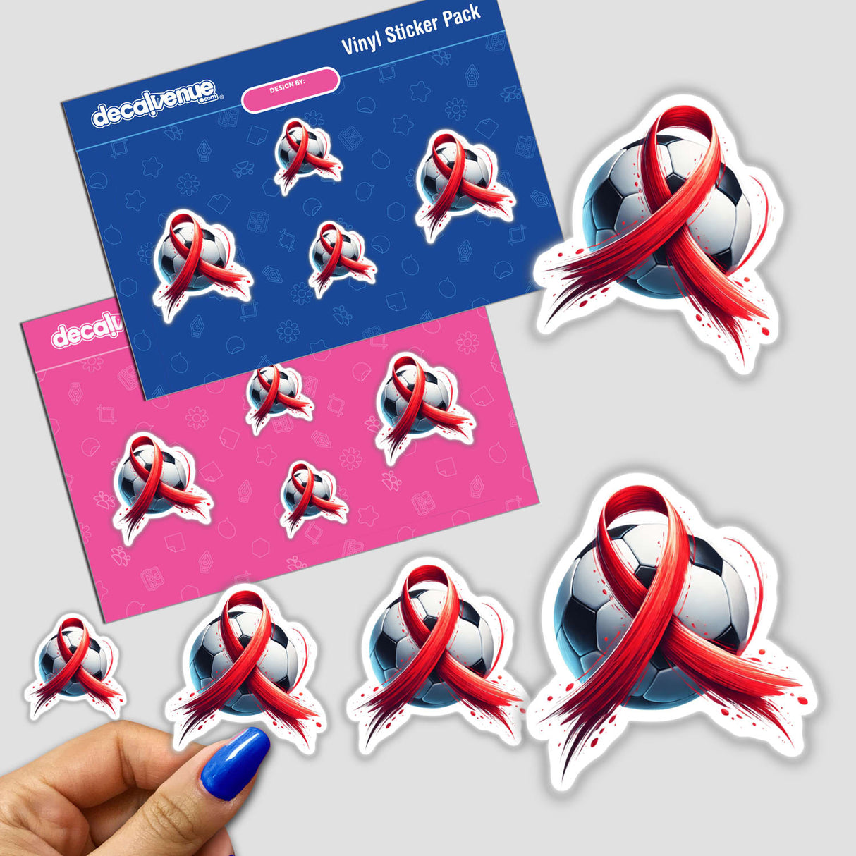 Sticker of a soccer ball wrapped with a red ribbon, held by a hand, available as a sticker or digital artwork.