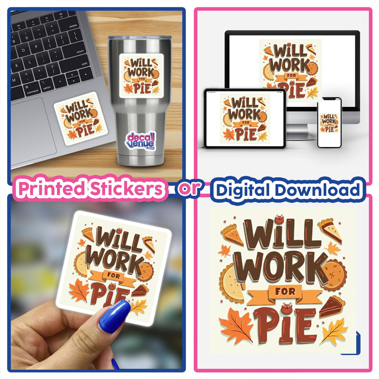 Will Work for Pie Thanksgiving Sticker & Clipart featuring a laptop with a festive sticker, perfect for digital art enthusiasts seeking unique designs with commercial rights from Decal Venue.