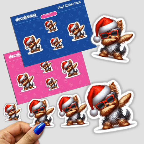 Dabbing Christmas Santa Yorkie Dog II sticker showing a Yorkie in a Santa hat and sunglasses, available as stickers or digital artwork.