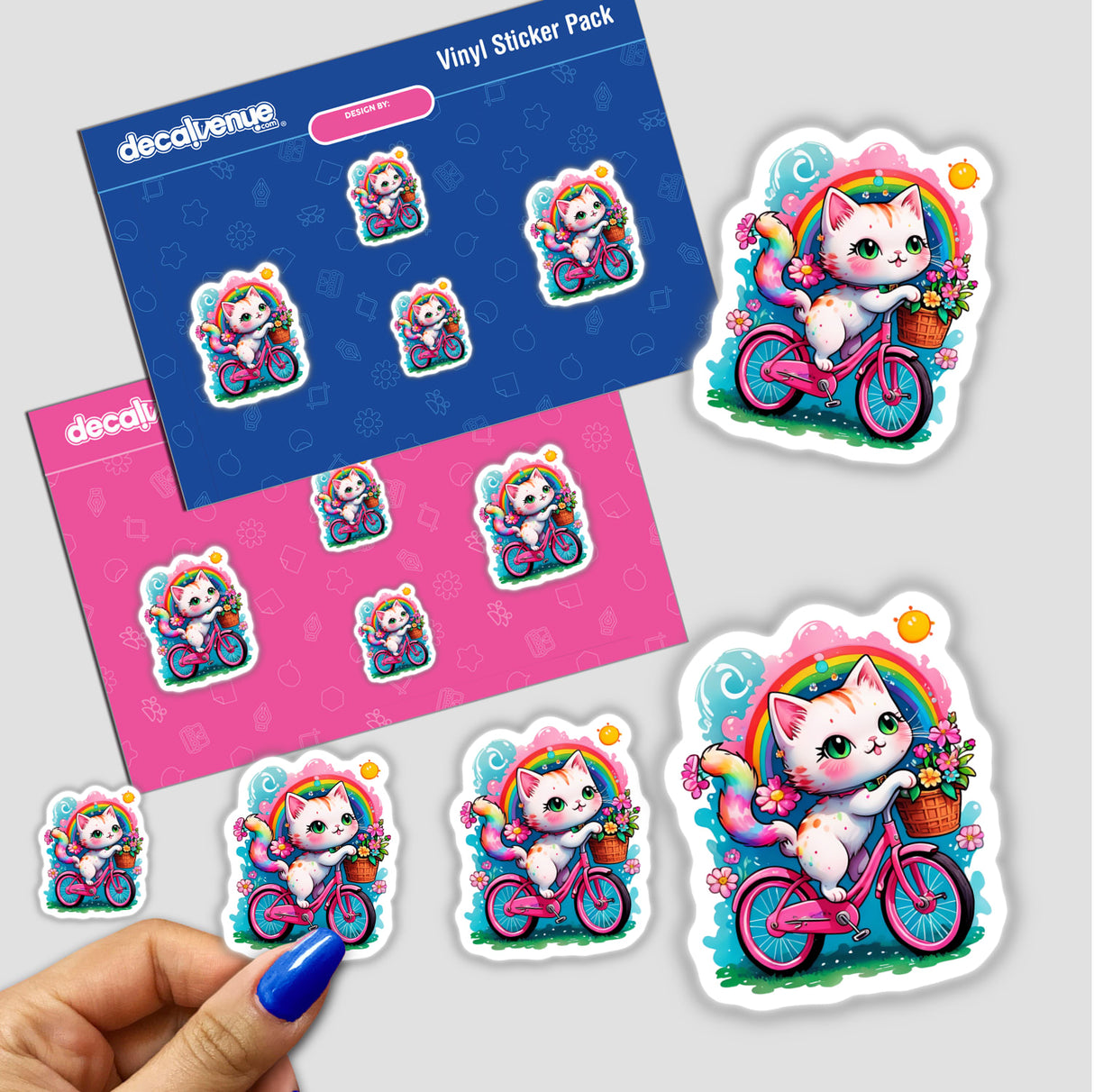 Purrfectly Cute: Cat on Pink Vintage Bicycle Sticker featuring a cartoon cat joyfully riding a retro bike, available as stickers or digital artwork.