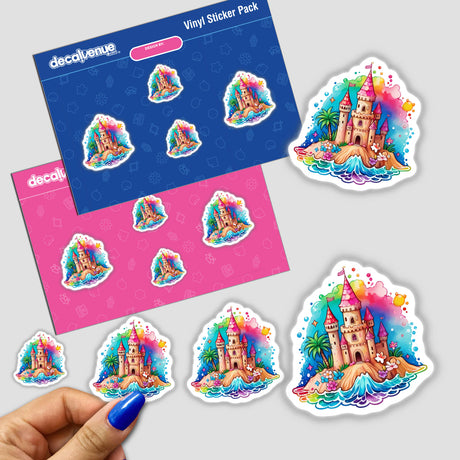 Seaside Splendor: Cute Sandcastle Watercolor Sticker depicting a charming sandcastle on an island, part of Decal Venue's unique sticker and digital art collection.