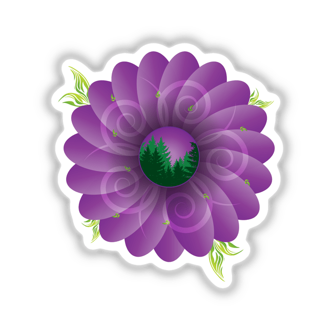 Vibrant purple flower with green foliage and a forested scene in the center, perfect for digital art or sticker design.