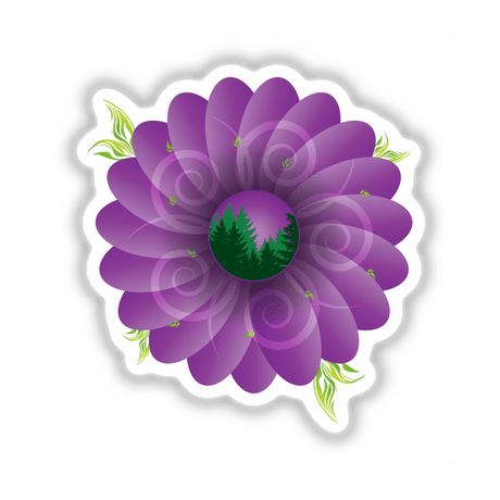 Vibrant purple flower with green foliage and a forested scene in the center, perfect for digital art or sticker design.