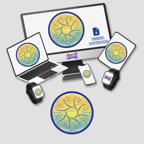 Colorful swirling sun digital artwork displayed on multiple digital devices including a laptop, smartphone, and smartwatch in the Decal Venue product image.