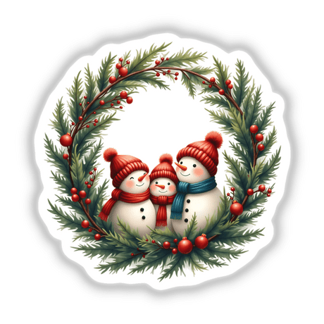 Snowmen Family in a Christmas Wreath sticker, featuring a snowman family encircled by festive decorations like ornaments and flowers, available as unique stickers or digital artwork from Decal Venue.