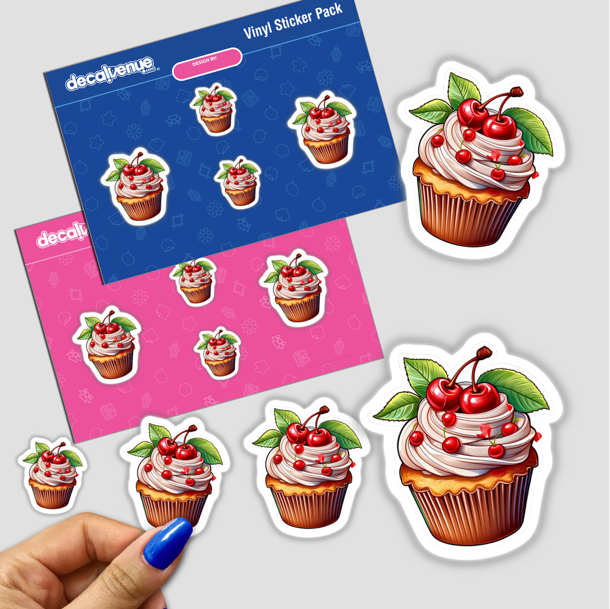 Vibrant cherry-topped cupcake digital art stickers with leaves, displayed in a Decal Venue product pack showcasing whimsical dessert designs.