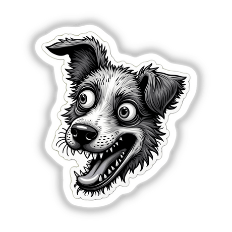 Mil e um Dentes: Cartoon dog sticker with open mouth and expressive eyes, available as stickers or digital artwork.