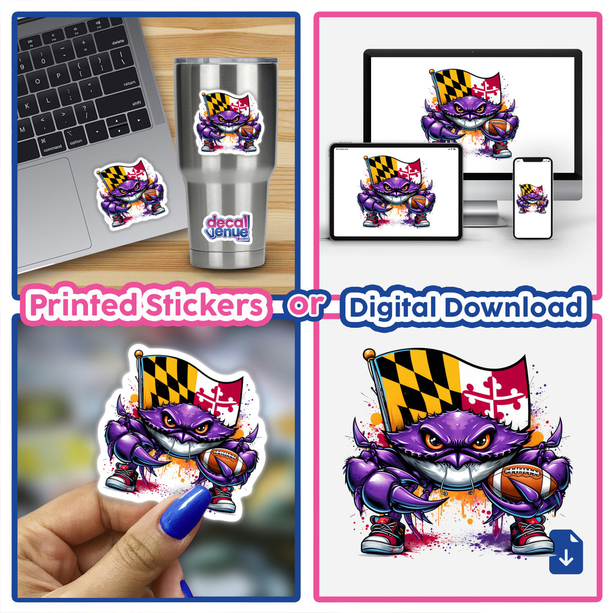 Maryland Flag Purple Crab Football Player sticker featuring a purple crab holding a football and flag, displayed on a laptop and as a digital artwork.