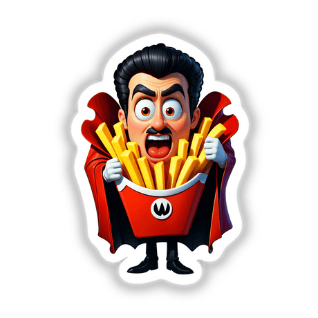 Funny Dracula French Fries cartoon character, featuring a surprised expression, holds a box of fries. Available as stickers or digital artwork, perfect for fans of unique designs from Decal Venue.