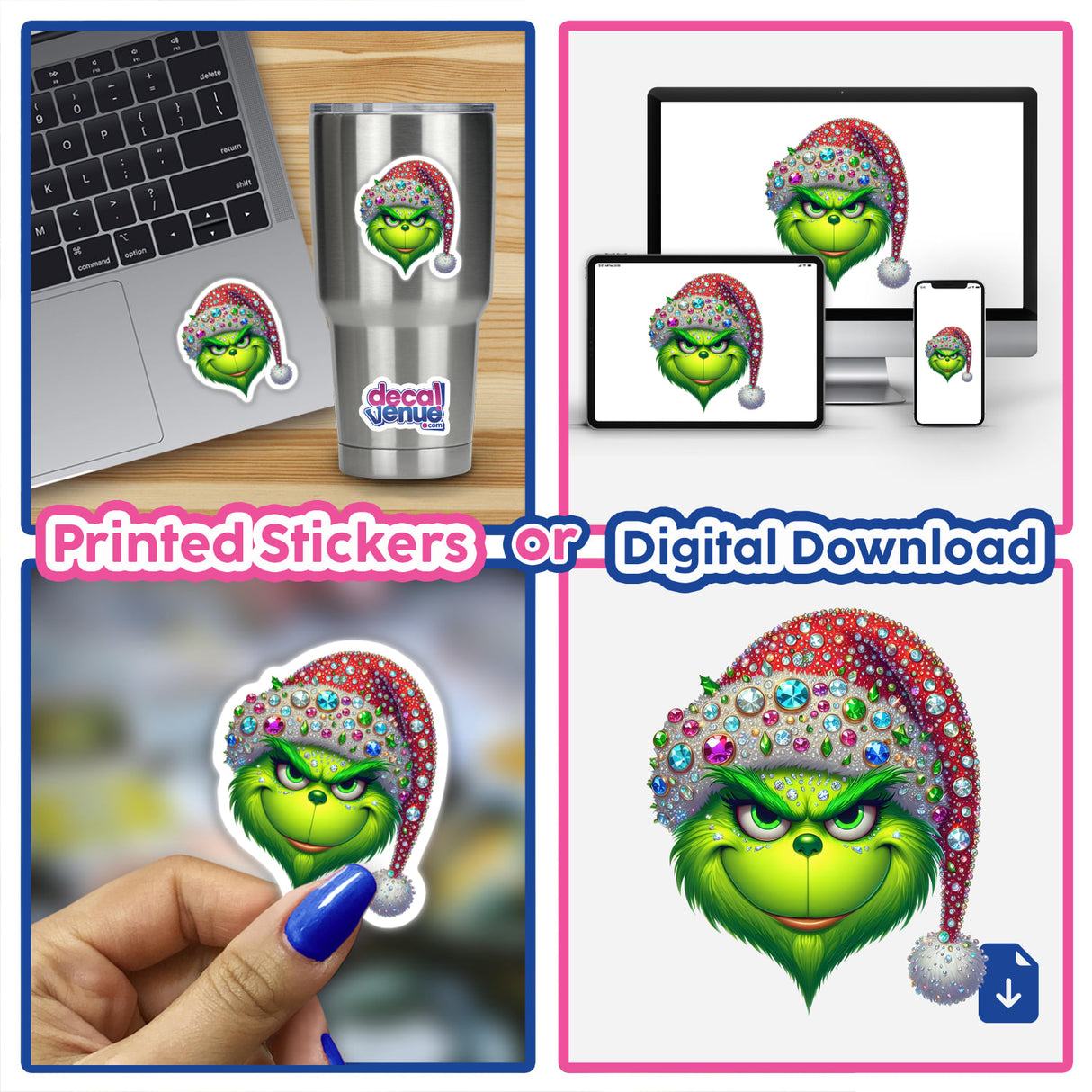 Green Grouch Christmas Face with Jeweled Santa Hat II as a vibrant sticker or digital artwork, featuring a green cartoon character in a jeweled hat, perfect for laptops or decals.