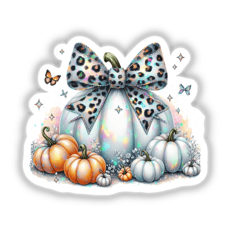 Elegant leopard-patterned bow, vibrant pumpkins, and delicate butterflies - a striking digital artwork showcasing the beauty of autumn.