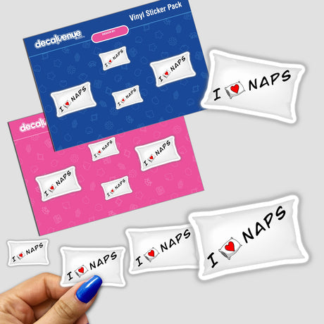 Sticker featuring I Love Naps text held in hand, showcasing unique vinyl design from Decal Venue. Available as physical sticker or digital artwork.