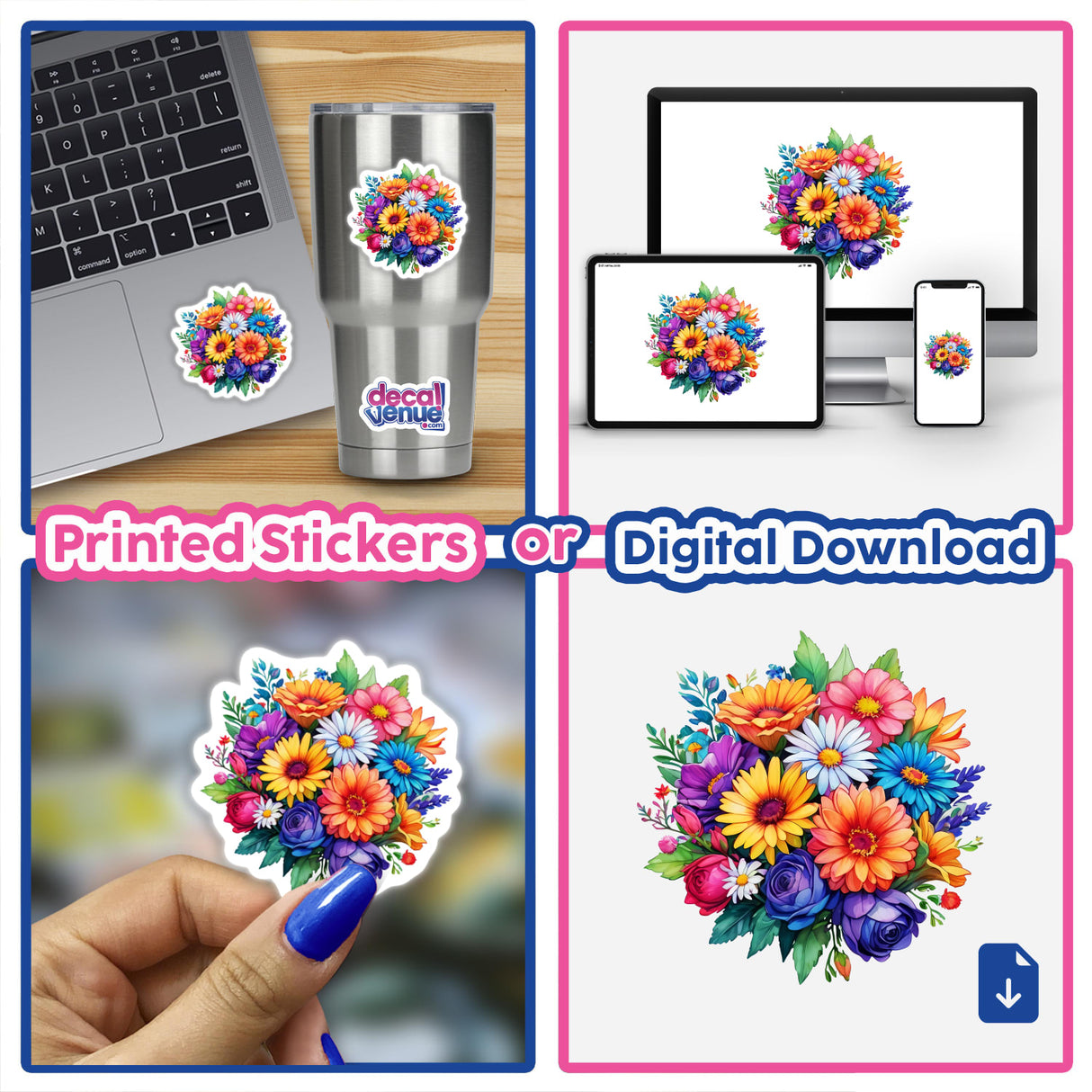 A collage featuring a bouquet of flowers, a hand holding a flower sticker, and various digital displays with floral artwork.