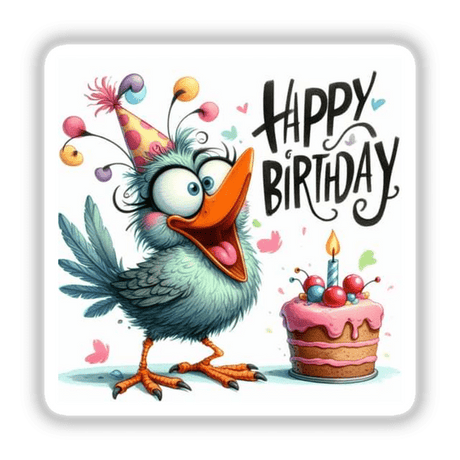 Cartoon bird with party hat and birthday cake, part of Decal Venue's Birthday Series stickers.