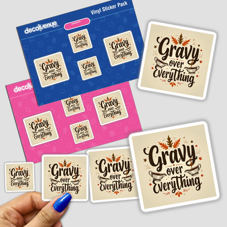 Hand holding Everything Thanksgiving Sticker or Clipart with Commercial Rights pack, featuring various text-based designs. Available as stickers or digital artwork from Decal Venue.