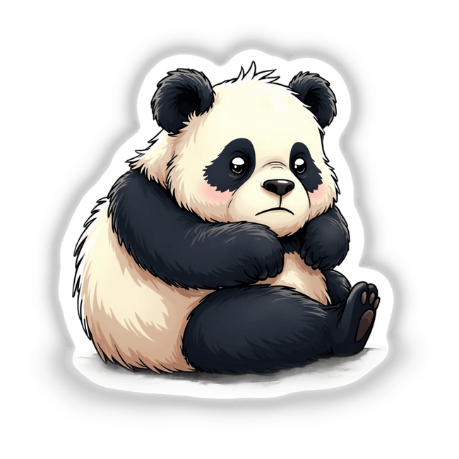 Adorable Sad Panda Bear Sitting Alone cartoon, available as stickers or digital artwork, depicting a solitary panda with a forlorn expression.