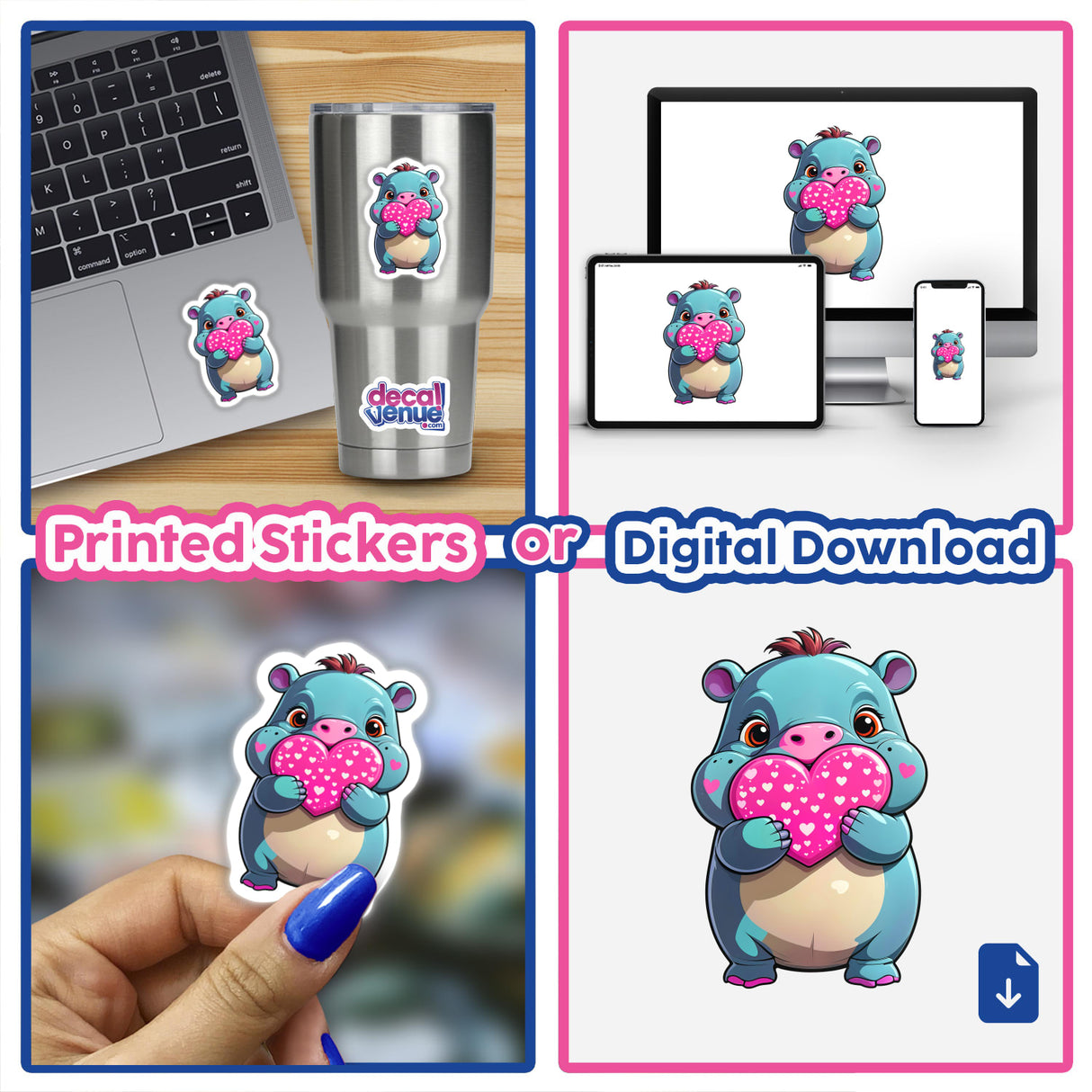 A Cute Pygmy Hippo With Love Hearts depicted as a cartoon, available as stickers or digital artwork, shown on a laptop and cup in a collage.