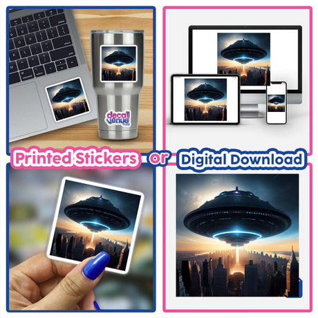 Visitors over New York - Digital Artwork available as stickers or digital download format. The image depicts a UFO hovering over a cityscape with a dramatic sunset sky in the background, showcasing a striking sci-fi scene.