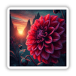 Crimson Dahlia - Garden Jewel in Twilight: A close-up of a vibrant dahlia flower with intricate petals, available as stickers or digital artwork from Decal Venue.