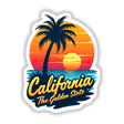 California The Golden State sticker or digital artwork features a logo with palm trees and a sunset, highlighting Decal Venue's unique design style.