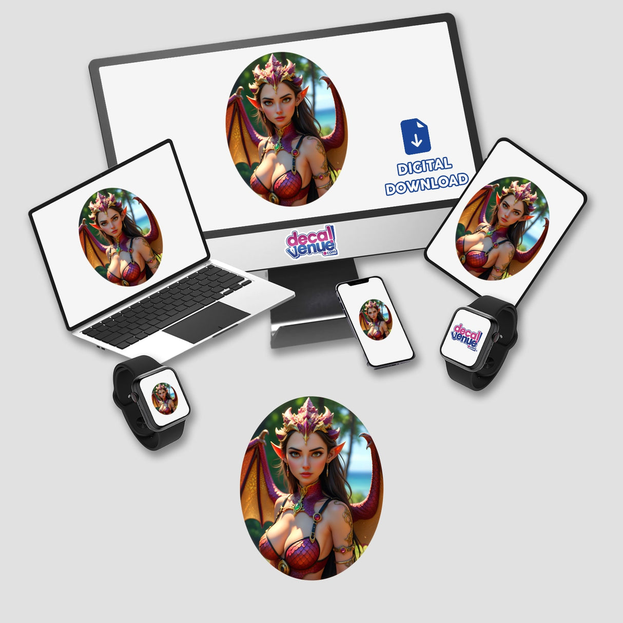 A Beautiful Fantasy Dragon Girl depicted with wings and a crown, featured on a computer monitor and laptop, available as stickers or digital artwork from Decal Venue.