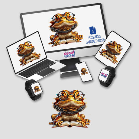 Bearded Dragon With Reading Glasses Open Book displayed on a computer monitor and laptop screen, available as stickers or digital artwork from Decal Venue, specializing in unique vinyl stickers and digital art.