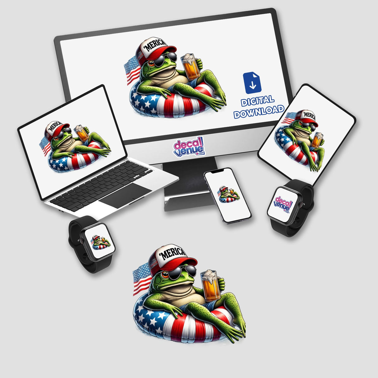 Computer monitor and laptop displaying Bullfrog American Flag Float Merica digital artwork featuring a frog wearing a hat and sunglasses holding a beer.