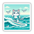 Cute cartoon cat on a surfboard surrounded by waves and seagulls, digital artwork with a beach and ocean theme