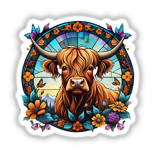 Colorful highland cow surrounded by blooming flowers and flying butterflies in a stained glass style illustration