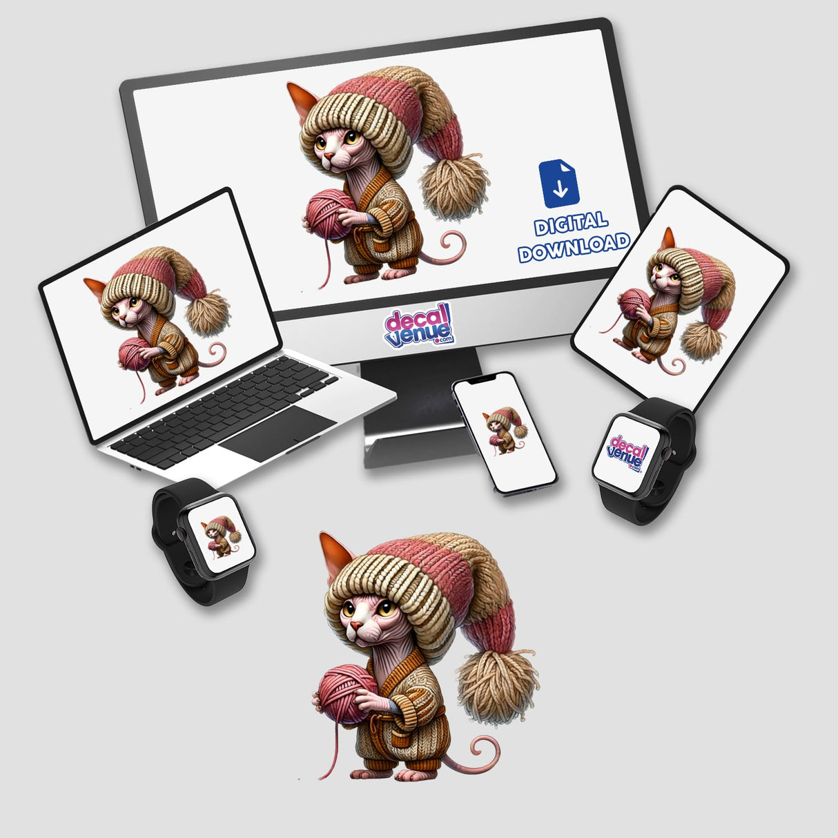 Sphynx Cat Gnome Holding Ball of Yarn displayed on a computer monitor and laptop screen. Available as unique stickers or digital artwork from Decal Venue.