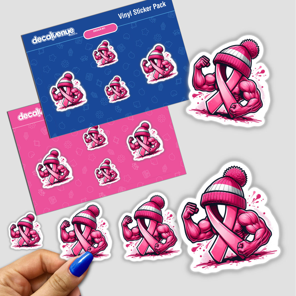 Flexing Pink Breast Cancer Ribbon Beanie II stickers featuring a pink ribbon with a knitted hat and flexed muscles. Available as stickers or digital artwork.