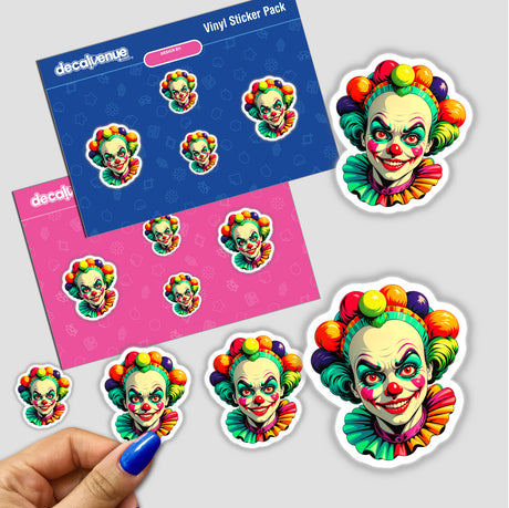 A Crazy Clown Girl sticker depicting a cartoon clown face with colorful hair, held in a hand, showcasing its playful design. Part of Decal Venue's unique sticker collection.