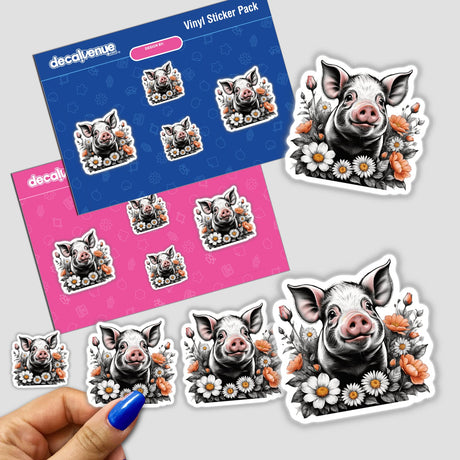 Pig Portrait Floral Accents PA88 - Colorful digital stickers featuring adorable pig illustrations surrounded by floral accents, available for purchase on the Decal Venue online store.