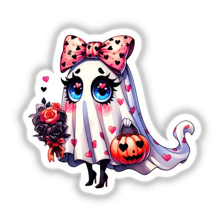 Cute Halloween Ghost with Pink Ribbon, adorned with flowers and holding a pumpkin, available as stickers or digital artwork from Decal Venue.