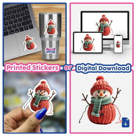 Knitted Yarn Snowman sticker collage featuring snowman designs with scarves and hats, including a close-up on a laptop. Offered as stickers or digital artwork at Decal Venue.