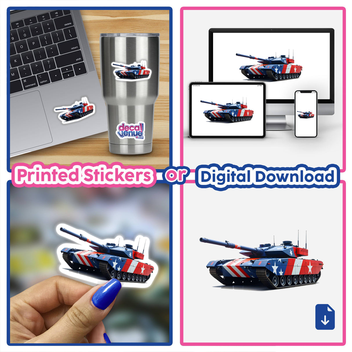 A Cool American Flag Army Tank collage featuring patriotic designs, available as unique stickers or digital artwork from Decal Venue.