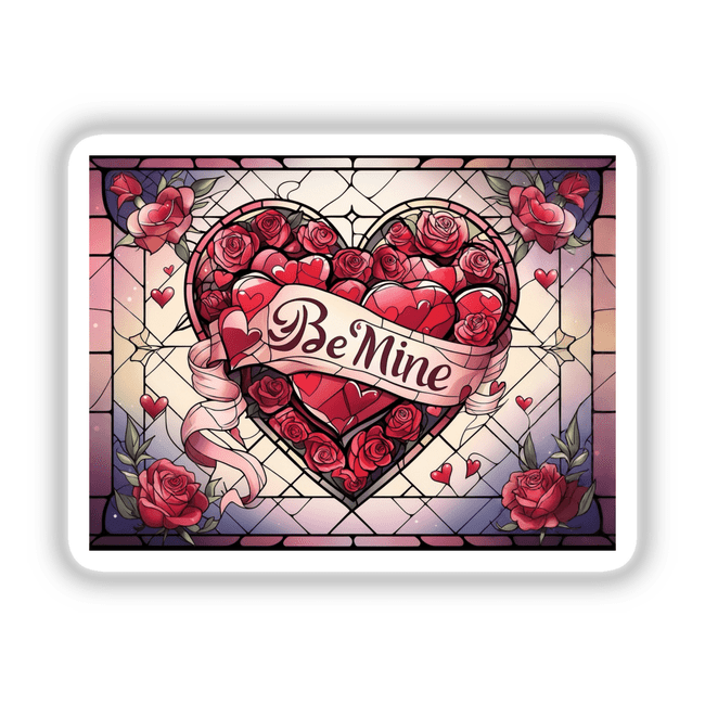 a stained glass heart with roses and a banner that says be mine