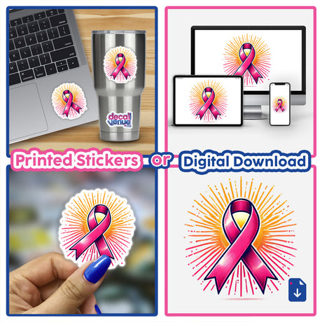 Collage of images showcasing Pink Ribbon and Sunburst Breast Cancer Awareness stickers and digital artwork, including close-ups on a laptop, cup, and hand-held sticker.