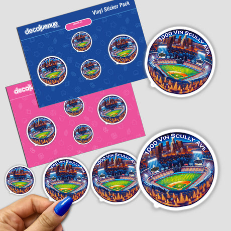 Dodger Stadium from above depicted on stickers and envelopes, showcasing a baseball field and cityscape. Available as part of Decal Venue's unique sticker and digital artwork collection.