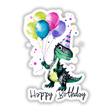 Colorful T-Rex birthday balloons in a playful illustration with text "Happy Birthday"