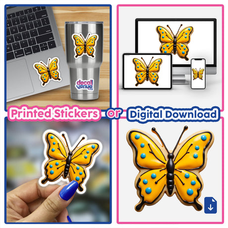 Butterfly Shaped Cookie with Yellow Wings and Blue Dots in a close-up, available as stickers or digital artwork.