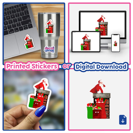 Santa on Rooftop with Gift sacks by the Chimney - collage of stickers and digital artwork featuring Santa in various festive scenes, including laptops and fingernails adorned with Santa decals.