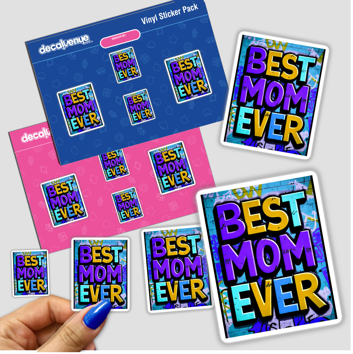 Best Mom Ever sticker pack held in hand, featuring various designs and text elements, highlighting the unique sticker collection available at Decal Venue.