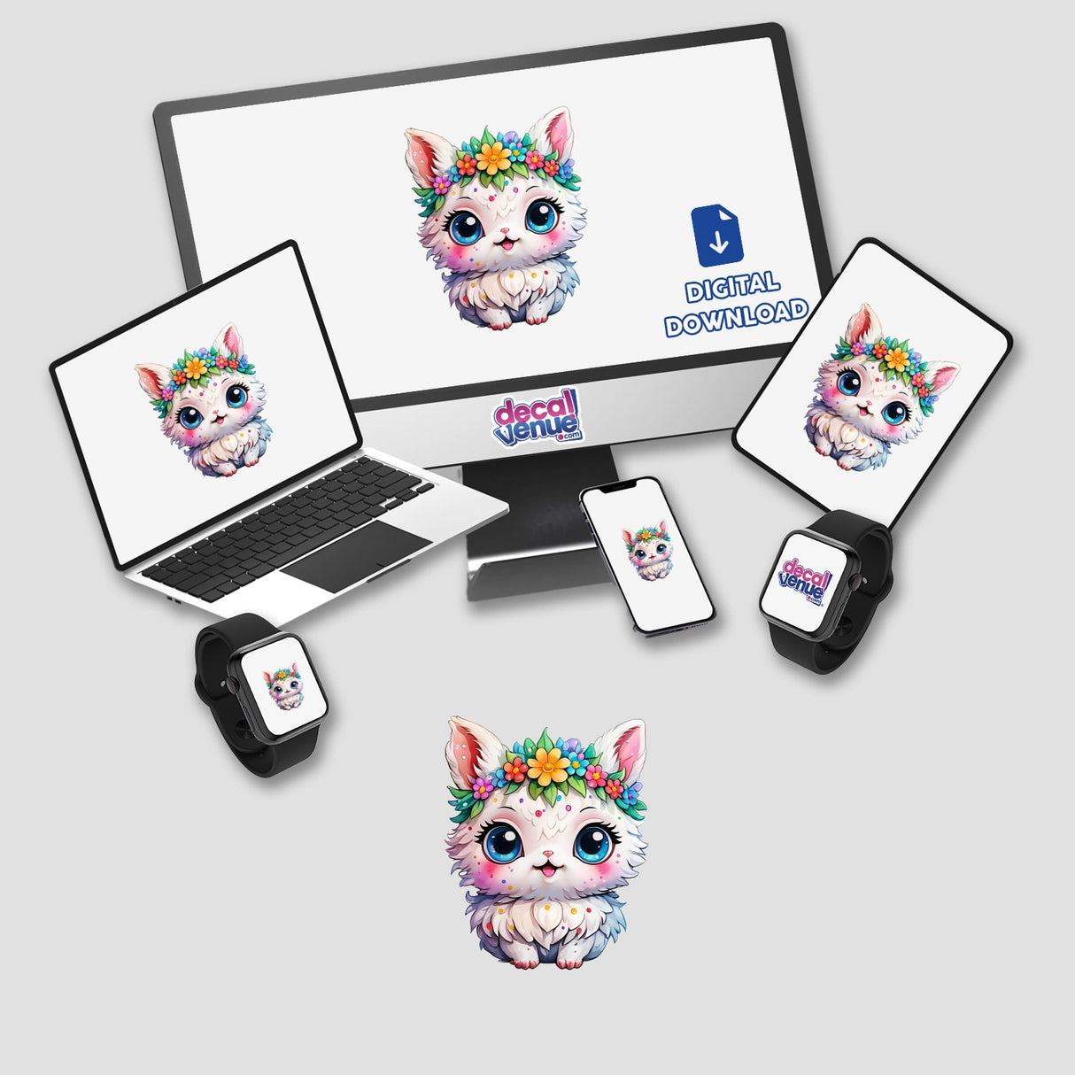 Adorable Fluffy White Creature Sticker - Cute Kawaii Animal Design displayed on a computer monitor and laptop screen, featuring a cartoon cat with flowers on its head.