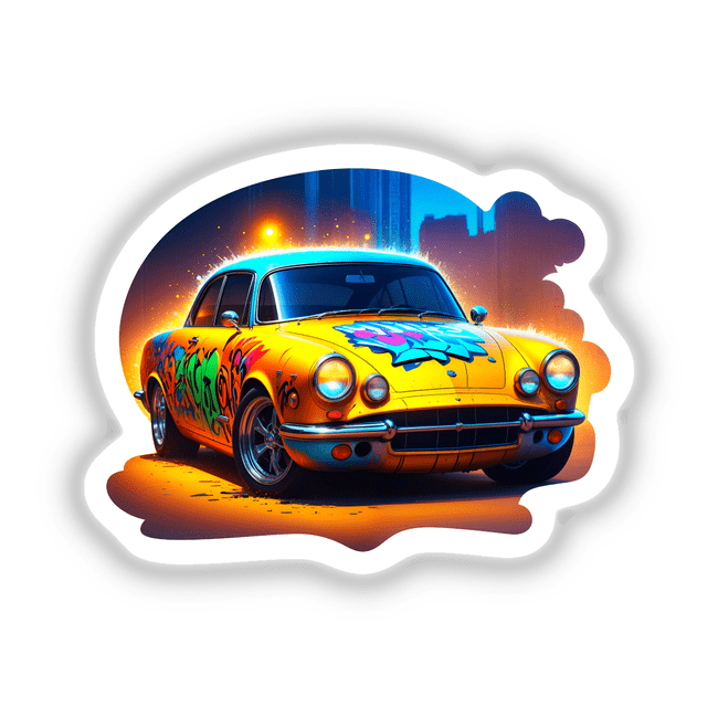 A Classic Graffiti Car featuring vibrant graffiti designs, available as stickers or digital artwork. Perfect for adding a unique touch to any surface.