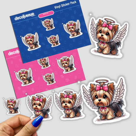 Halo and Wings Yorkie Angel Dog sticker pack featuring cartoon dogs with wings and bows, available as unique vinyl stickers or digital artwork, ideal for personalization from Decal Venue.