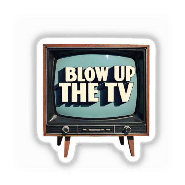 Retro Art Clipart - Blow Up the TV Inspired by John Prine: A close-up of a television, featuring white and blue logo and text, available as stickers or digital artwork.